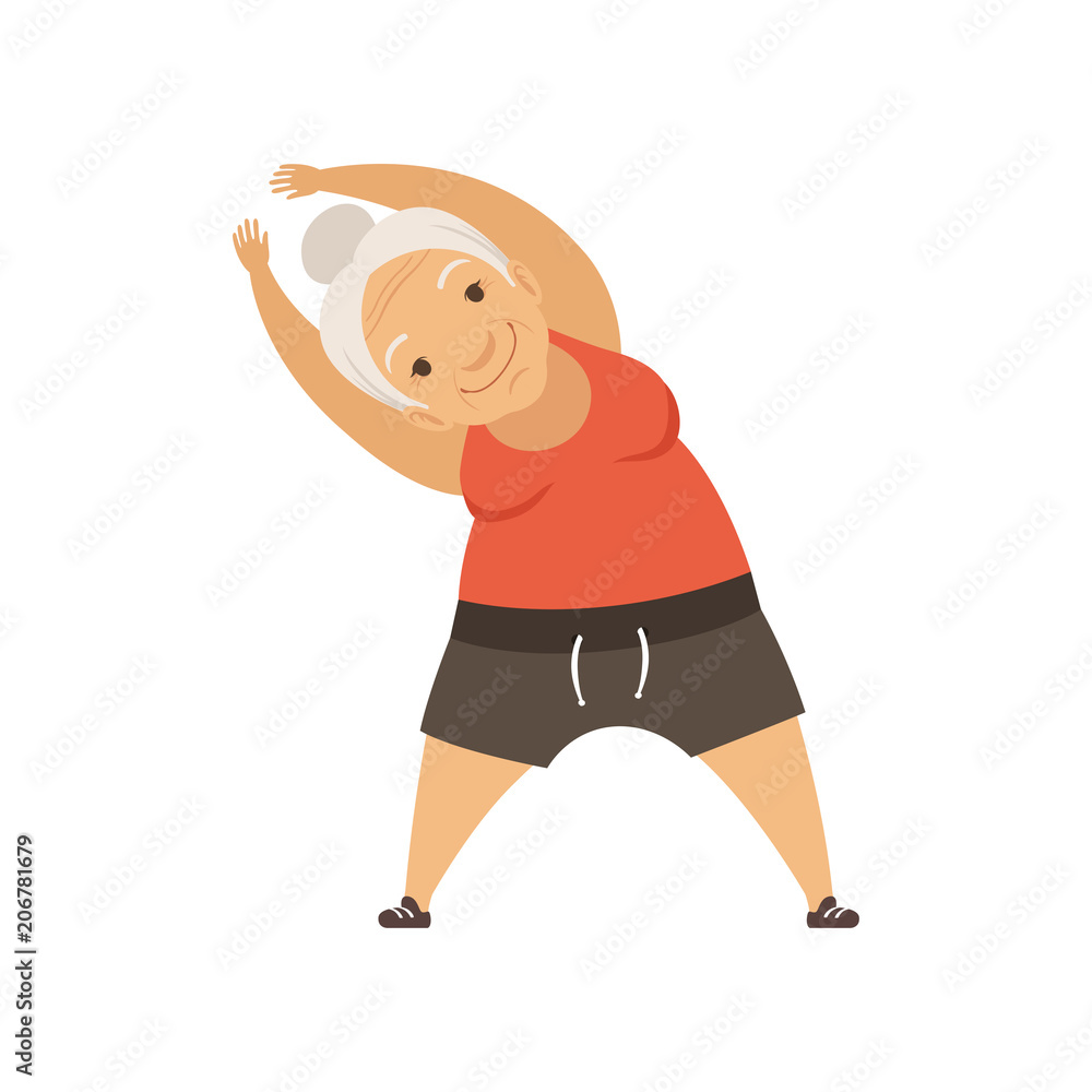 Grey senior woman doing sport exercise, incline to side, grandmother character doing morning exercises or therapeutic gymnastics, active and healthy lifestyle vector Illustration