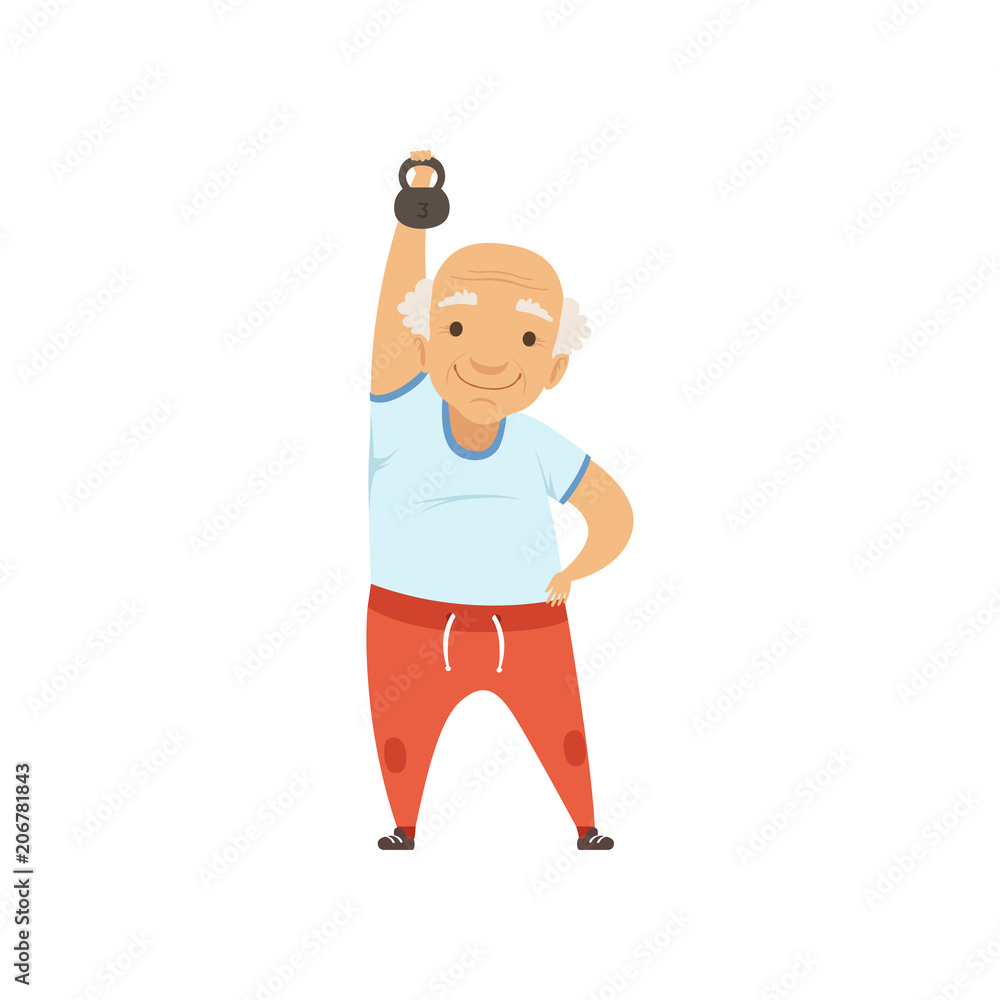 Senior man in sports uniform exercising with kettlebell, grandmother character doing morning exercises or therapeutic gymnastics, active and healthy lifestyle vector Illustration