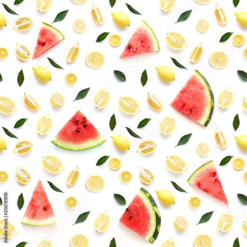 Fototapeta Naklejka Na Ścianę i Meble -  Creative seamless pattern flat layout of watermelon,  lemon, lime and mint isolated on white background. Top view. Concept healthy eating, summer, refreshing drinks. 