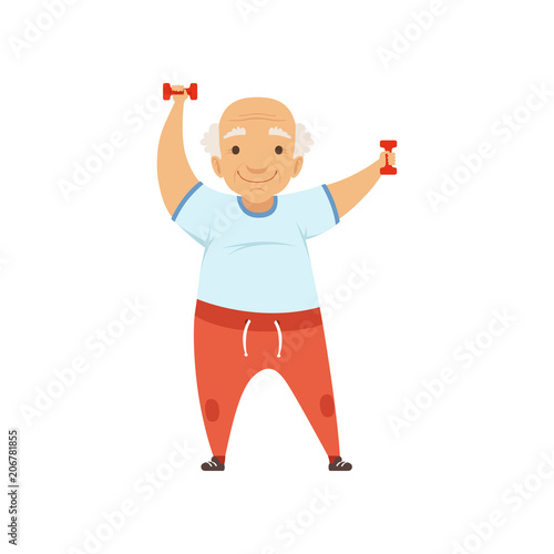 Senior man in sports uniform exercising with dumbbells, grandmother character doing morning exercises or therapeutic gymnastics, active and healthy lifestyle vector Illustration