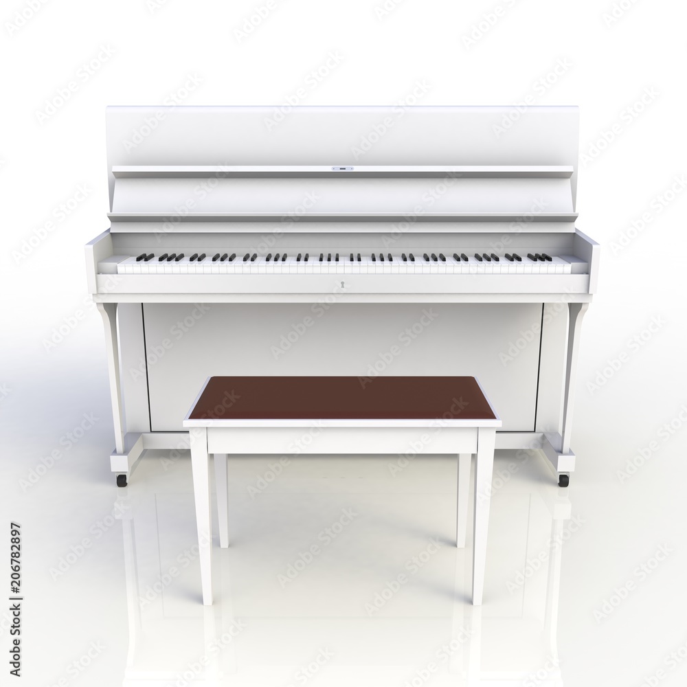 Front view of classic musical instrument white piano isolated on white background, Keyboard instrument, 3d rendering Front view of classic musical instrument white piano isolated on white background, Keyboard instrument, 3d rendering