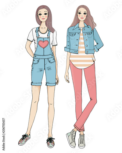 Vector illustration of  two cute twins teenage girls in casual, hand drawing sketch
