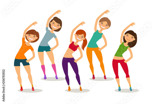 Sport  aerobics  healthy lifestyle concept. Group of people engaged fitness in gym. Funny cartoon vector illustration