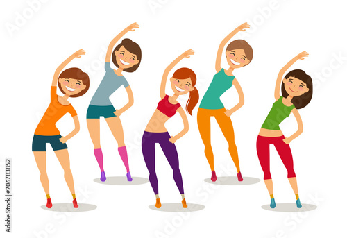 Sport, aerobics, healthy lifestyle concept. Group of people engaged fitness in gym. Funny cartoon vector illustration