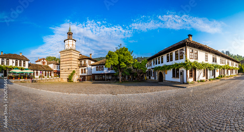 Beautiful view of the Clock tower and the old town in the architectural traditional complex in Tryavna, Bulgaria