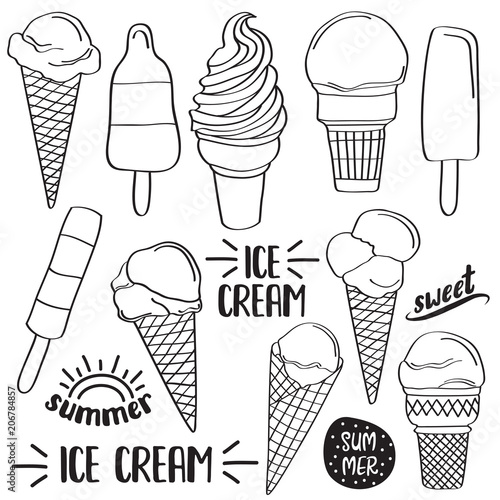 Doodle ice cream collection  isolated in black and white for coloring