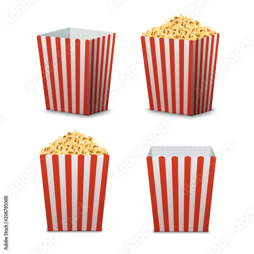 Popcorn bucket isolated. Full and empty pop corn box for cinema. Delicious salty snack food