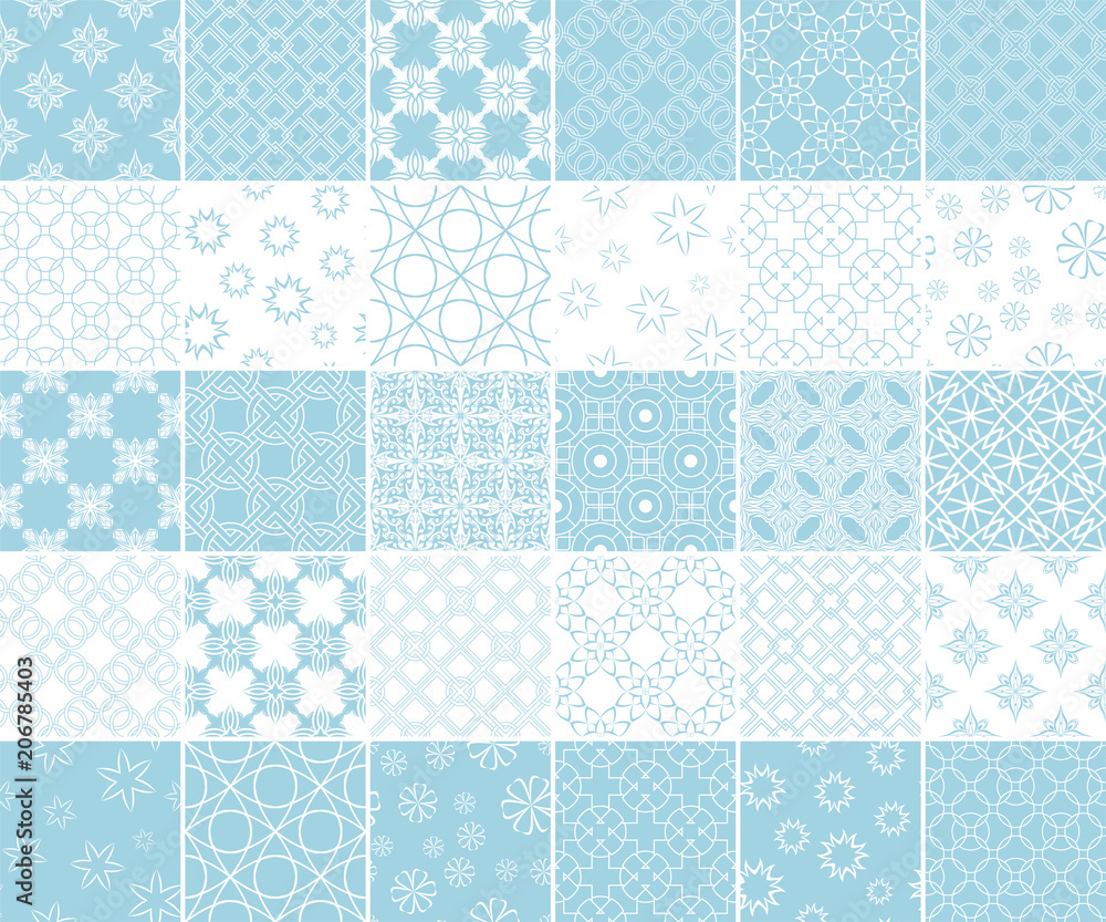 Geometric and floral collection of seamless patterns. Blue and white backgrounds Geometric and floral collection of seamless patterns. Blue and white backgrounds