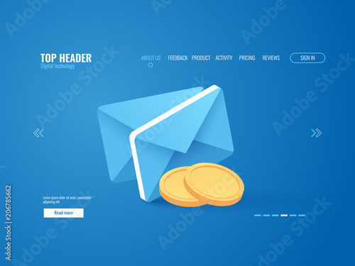 Payment notification concept, envelop with gold coin money, email isometric