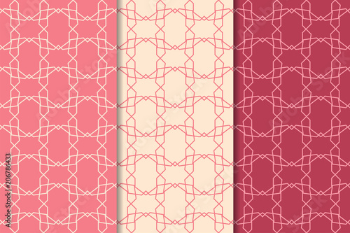 Cherry red geometric ornaments. Set of seamless patterns