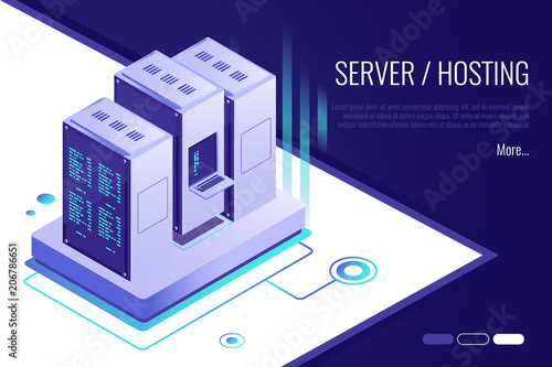 Data transmission technology and data protection.Concept of server hosting. Illustration of network telecommunication server.3d isometric style