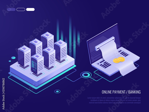 Online payment on laptop , large bill for payment coming out of the screen from the laptop.Сoncept of transaction records in the database