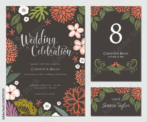 Invitation and universal card design set with floral wreath. Wedding templates. Good for birthday, menu, bridal and baby shower.