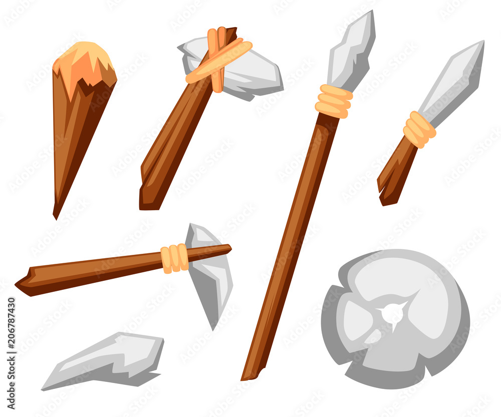 Stone tools set. Stone age primitive work tools axe, hammer, club, spear  and knife. Stone wheel. Flat style vector illustration isolated on white  background Stock Vector | Adobe Stock
