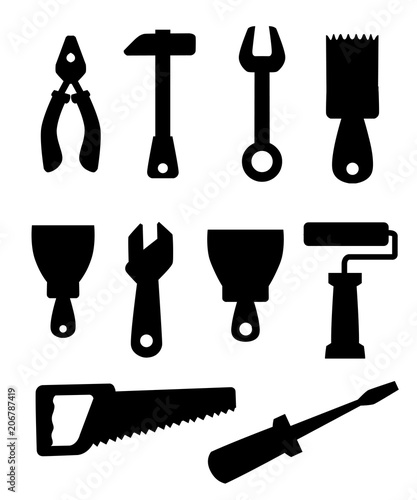 Black silhouette. Work tools icons set. Building tools , construction buildings, hammer, screwdriver, saw, file, putty knife, ruler, roller, brush. Vector illustration isolated on white background