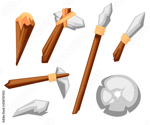 Stone tools set. Stone age primitive work tools axe, hammer, club, spear and knife. Stone wheel. Flat style vector illustration isolated on white background