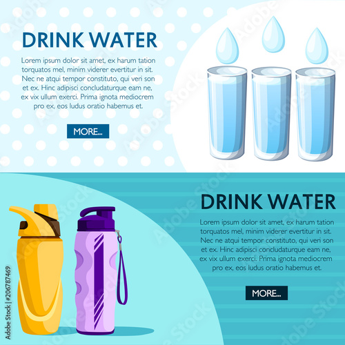 Drink water concept. Sports bottles and glass with water. Vector illustration on background with dotted and line texture. Place for your text. Website page and mobile app design