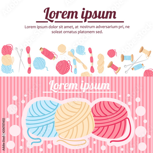 Sewing items. Ball of wool, sewing knitting needles and thread. Flat style vector illustration on white and red background. Place for your text. Website page and mobile app design
