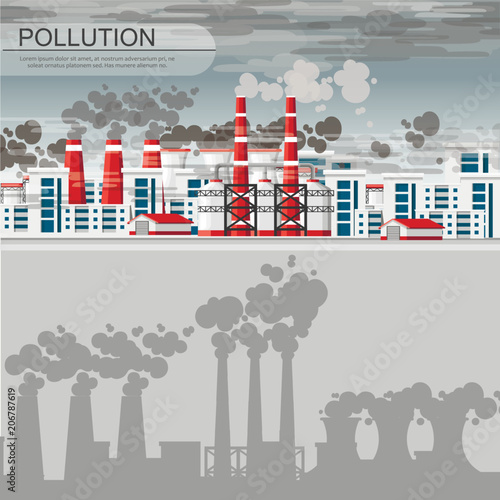 Smog polluted urban landscape. Highly polluted city with factory plants smoking towers and pipes. Environment contaminating carbon dioxide emissions. Flat style vector illustration