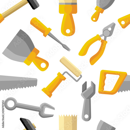 Seamless pattern. Building tools , construction buildings, hammer, screwdriver, saw, file, putty knife, ruler, roller, brush. Flat style design. Vector illustration on white background