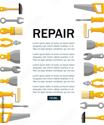 Building tools , construction buildings, hammer, screwdriver, saw, file, putty knife, ruler, roller, brush. Flat style design. Vector illustration on white background. Place for text. Web page design