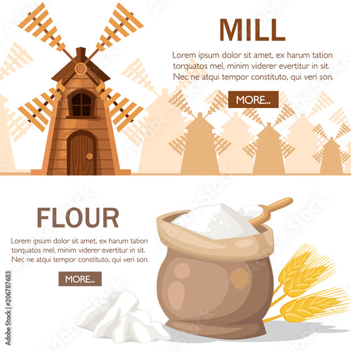 Traditional old windmill. Wooden mill with full bag of flour. Wheat ears with ooden scoop. Silver silhouette wheat ears and brown mills on background. Vector illustration with place for text