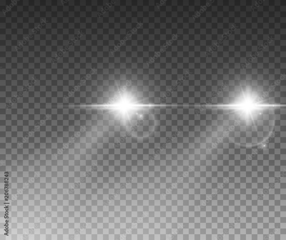 Cars light effect. White glow car headlight bright beams ray isolated on transparent background