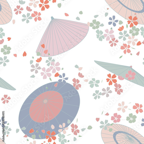 japanese traditional vector illustration sakura umbrella pattern. Bright, colored summer Asian traditional print. Falling petals, flowers flying.