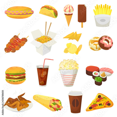 Fast food vector hamburger or cheeseburger with chicken wings and eating junk fastfood snacks burger or sandwich with soda drink icecream or donut illustration isolated on white background