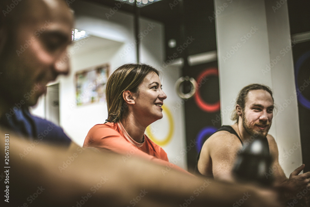Discussing in pause from exercise. Group of people. Discussing in pause from exercise. Group of people.
