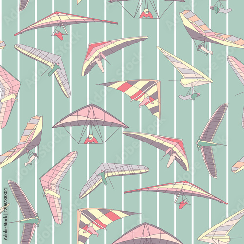 sky gliding man flying extreme sport, hang-glider seamless pattern, child, sea, freedom, bright, colorful.strip