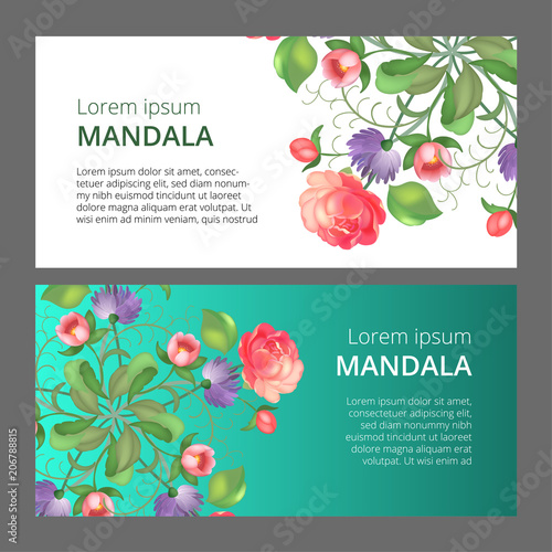 Vector banner set with floral ornament. Rose, tulip, leaf. Circular ornament.