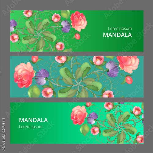 Vector banner set with floral ornament. Rose, tulip, leaf. Circular ornament.