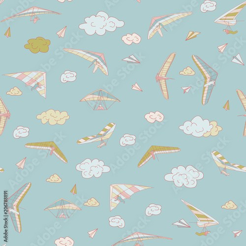 sky gliding man flying extreme sport, hang-glider seamless pattern, child, sea, freedom, bright, colorful.