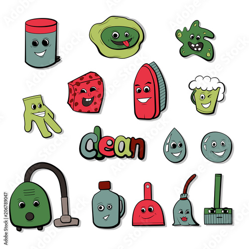 Cartoon objects for clean up. Set of cute badges vector illustration.