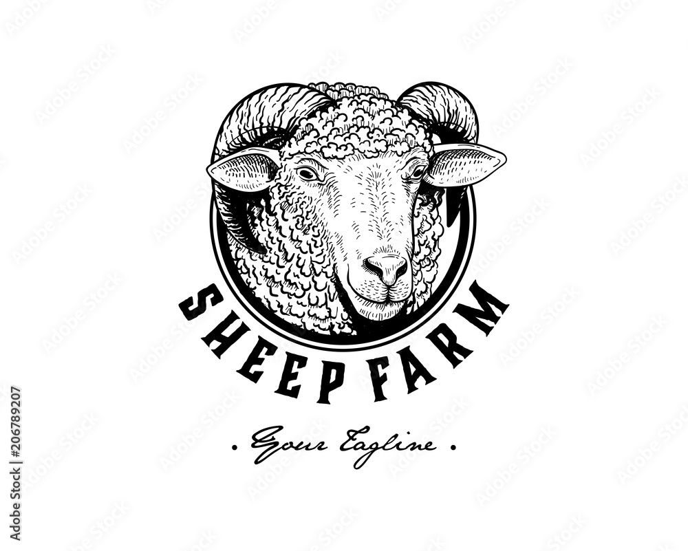 Naklejka premium Vintage Logo głowy owiec ręcznie rysowane ilustracja wektor koło zaokrąglona konstrukcja