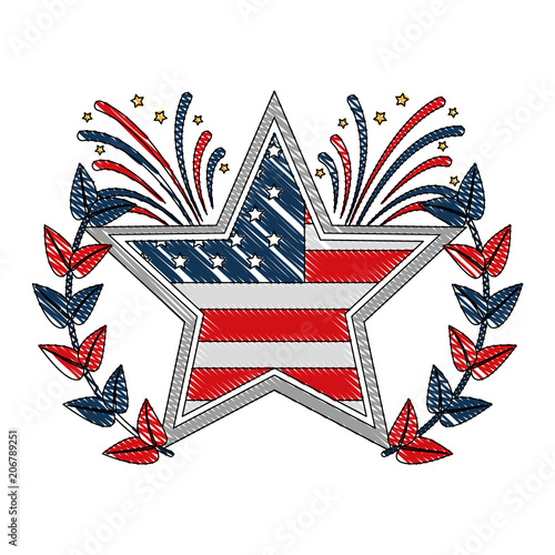 american flag in star with fireworks emblem vector illustration
