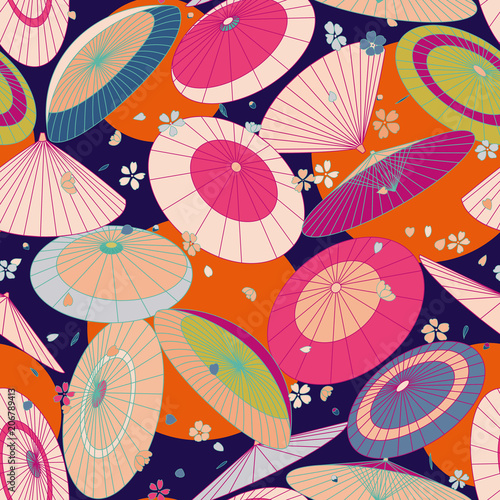 many Japanese traditional umbrellas and cherry blossom pattern. Bright  colored summer  spring Asian traditional print.