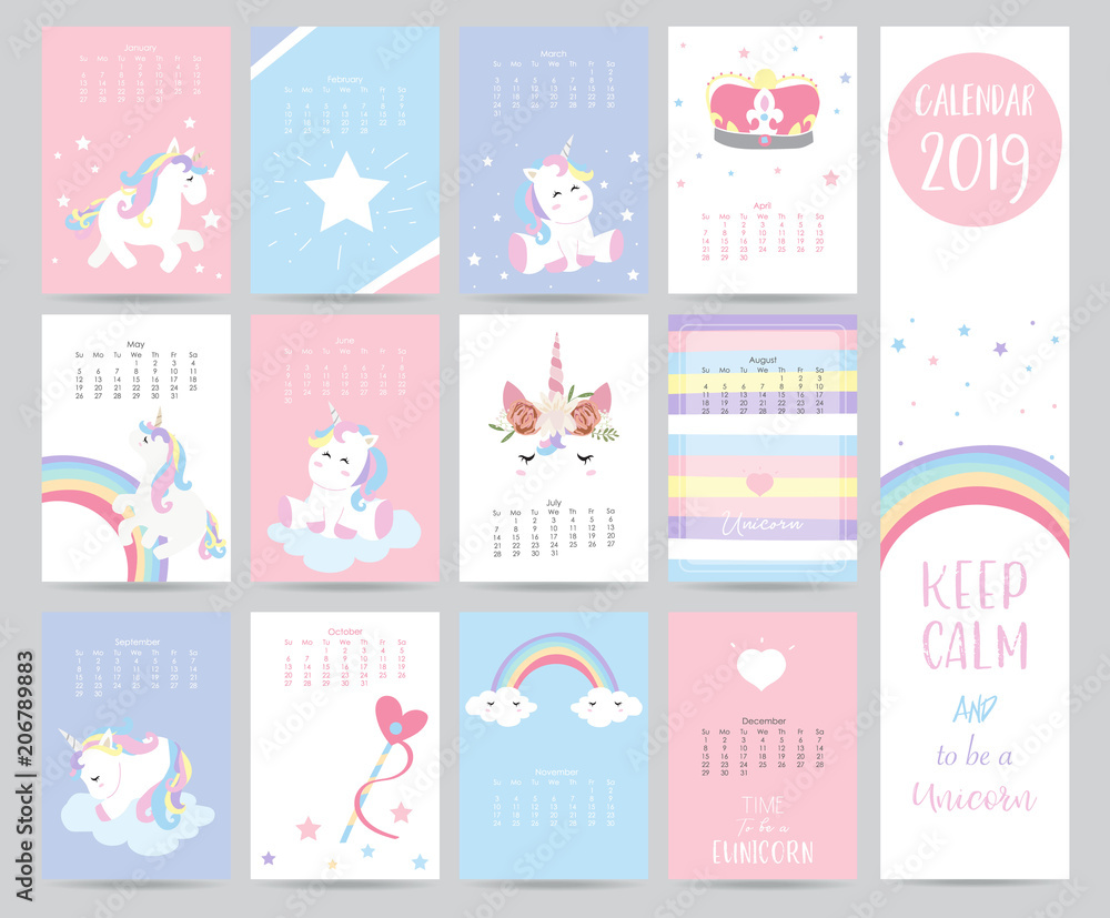 Cute monthly calendar 2019 with sweet unicorn,crown,heart and wreath for children.Can be used for web,banner,poster,label and printable Cute monthly calendar 2019 with sweet unicorn,crown,heart and wreath for children.Can be used for web,banner,poster,label and printable