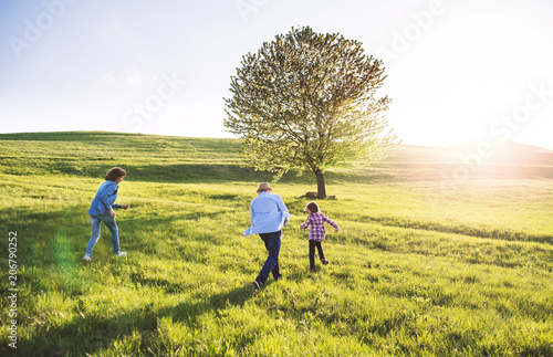 A small girl with her senior grandparents playing outside in nature. © Halfpoint