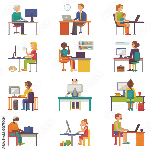 People work place vector business worker or person working on laptop at the table in office coworker or character workplace on computer with illustration isolated on white background