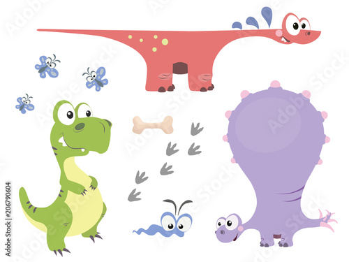 Set of cute dinosaurs in cartoon style. Reptiles of the Jurassic period.