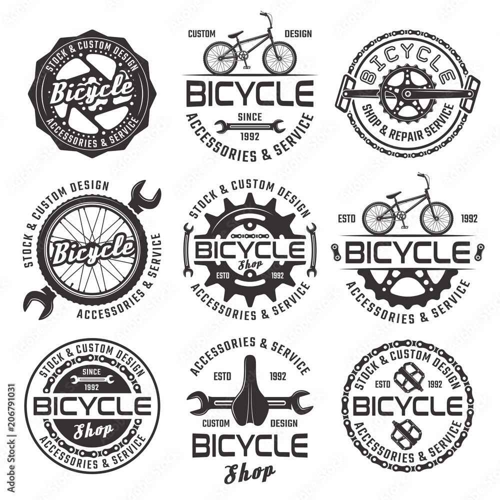 Bicycle shop vector emblems, badges and labels