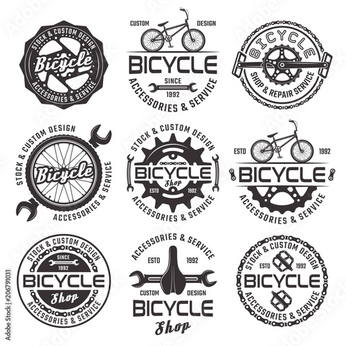 Bicycle shop vector emblems, badges and labels