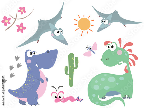 Set of cute dinosaurs in cartoon style. Reptiles of the Jurassic period.