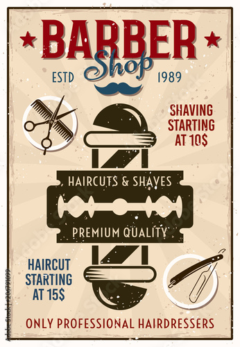 Barber shop vintage poster with pole and blade