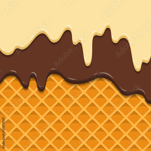 Pattern waffle texture melts frosting ice cream dripping. Glossy streaks chocolate vanilla cream crispy cone. Cartoon picture for web, advertising, banner, business card. Vector illustration.