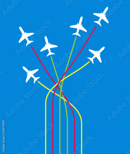 Airplane Flying Formation In Blue Sky, Air Show Display, The Disciplined Flight