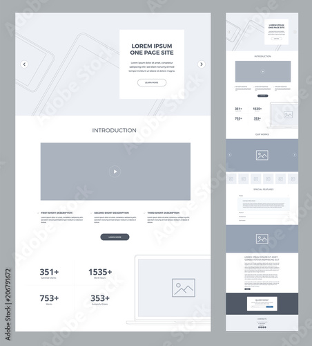 One page website design template for business. Landing page wireframe. Flat modern responsive design. Ux ui website: home, features, explore, introduction, potential, blog, works, questions, contacts.