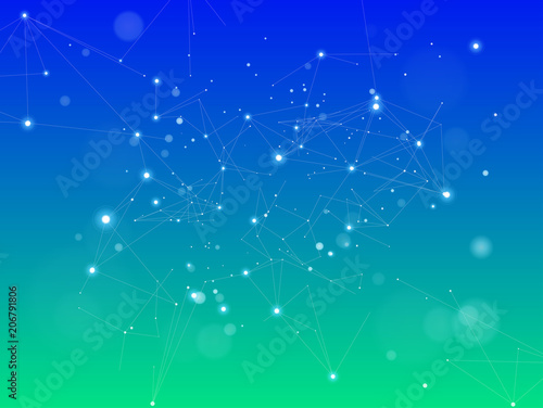 abstract concept - technology blue green background - a digital network composed of a point connected by lines into triangles - similar to constellations, stars and galaxies in space or blockchain